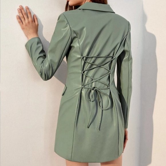 GREEN PU LEATHER DOUBLE BREASTED BACK LACING BLAZER DRESS TRENDING COLOR CHIC - Picture 2 of 6